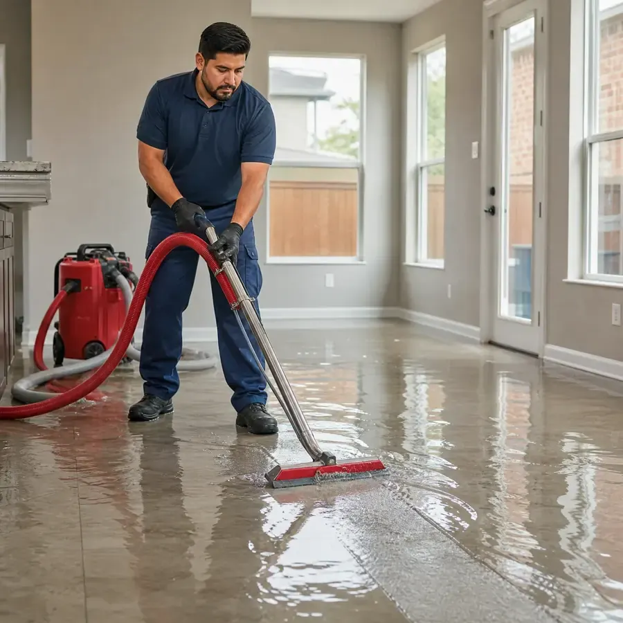 Tech squeegeeing water off a tile floor during a Palmdale water extraction