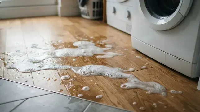 Soapy water spreading across a laminate floor from a leaking washer in Palmdale