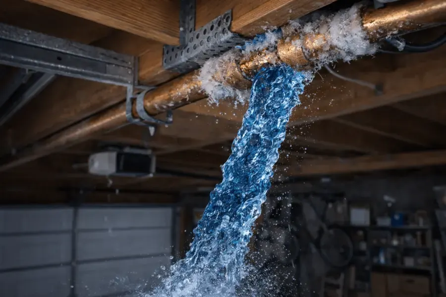Water pouring from a burst copper supply pipe in the ceiling of a Palmdale garage