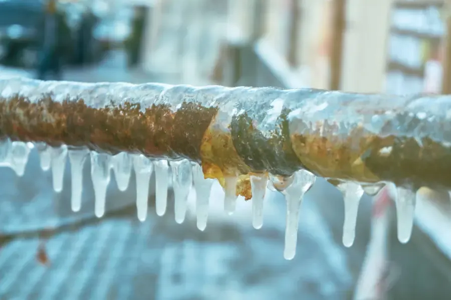 Icicles hanging from a frozen copper pipe after a hard high desert freeze in Palmdale