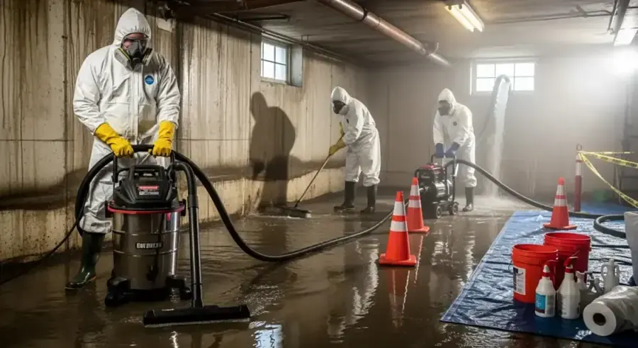Techs in protective suits extracting a sewage backup inside containment in Palmdale