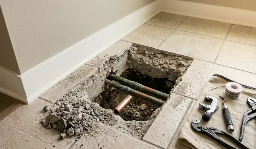 Tile floor and slab opened to expose a leaking copper line in a Palmdale home
