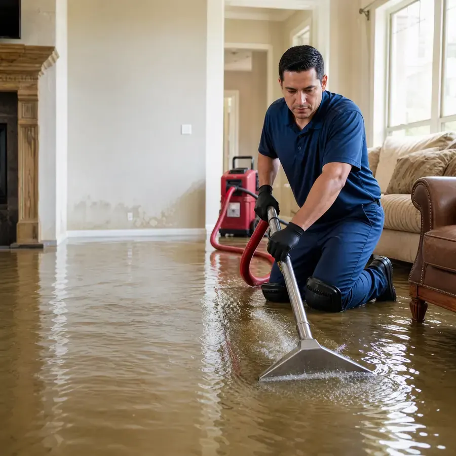 Tech running an extraction wand through standing water in a flooded Palmdale living room