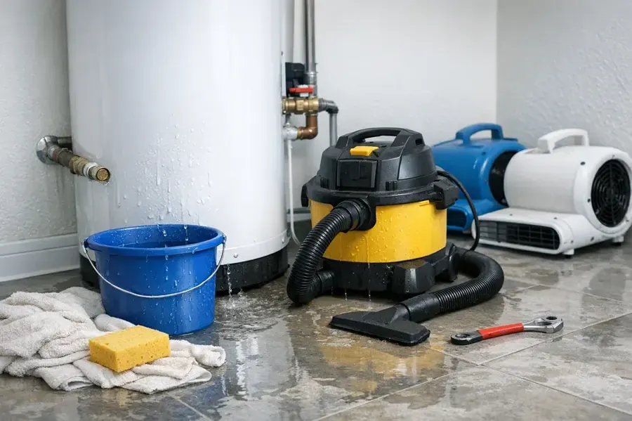 Leaking water heater with a wet vac, bucket and air mover on a wet Palmdale floor